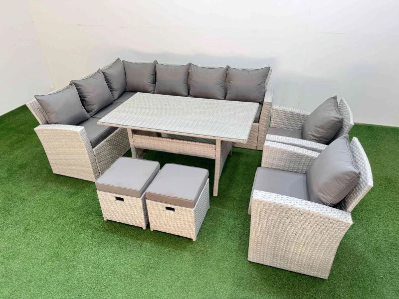 Image of Fimous 10 Seater Rattan Garden Furniture Set Table 2 Chair 2 Small Footstool in Light Grey Light Grey Unisex