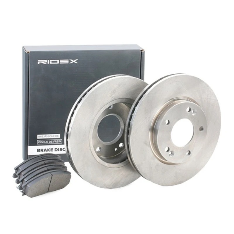 Image of RIDEX 3405B0472 Brake disc and pads set Front Axle, Brake Disc Type: Vented, with acoustic wear warning, with anti-squeak plate Brake Set,disc brakes