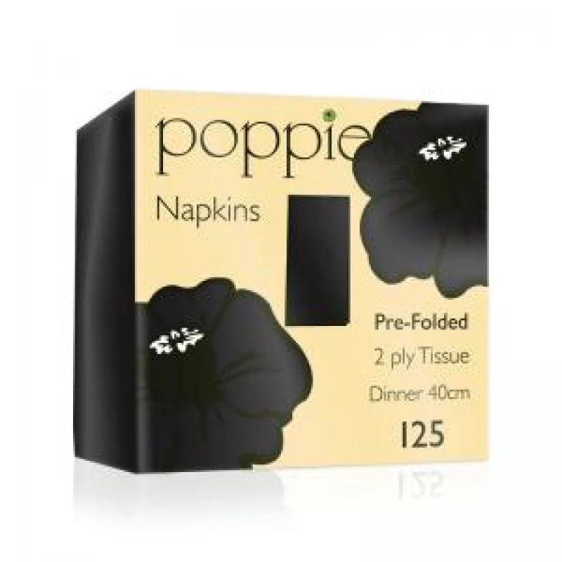 Image of Poppies Poppies 2-Ply Napkins 8 Fold 40cm Black (Pack of 2000) 4028BK/CASE 4028BK/CASE