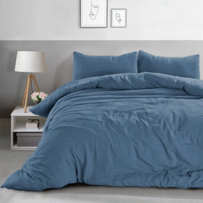 Image of Velosso Blue Washed Linen Look Duvet Cover And Pillowcase Set Single