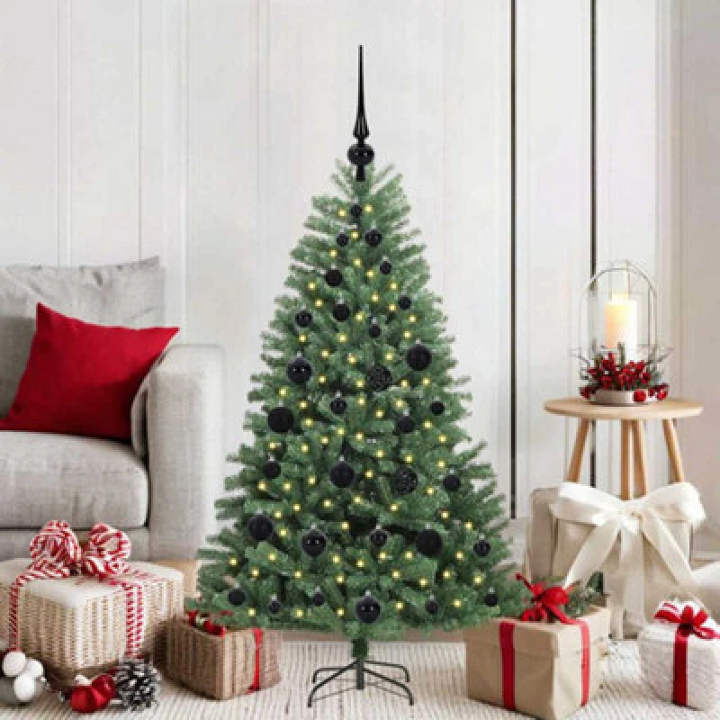 Image of vidaXL Artificial Hinged Christmas Tree with Black Balls Green 120cm PVC and Metal, Green 3395470