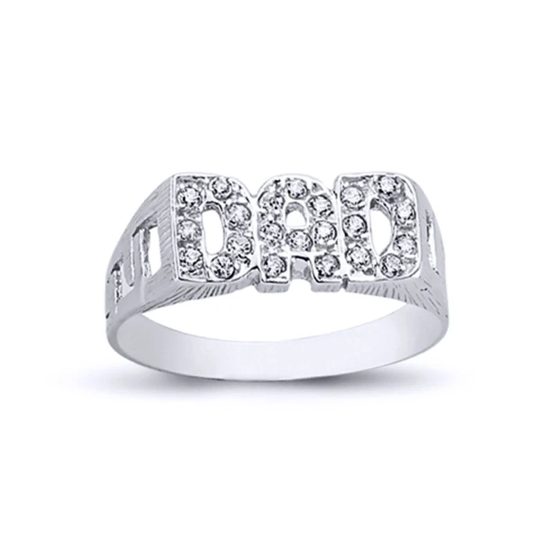 Image of Jewelco London Mens Rhodium Plated Silver Round CZ DAD Signet ID Ring 8mm - ARN105 Silver