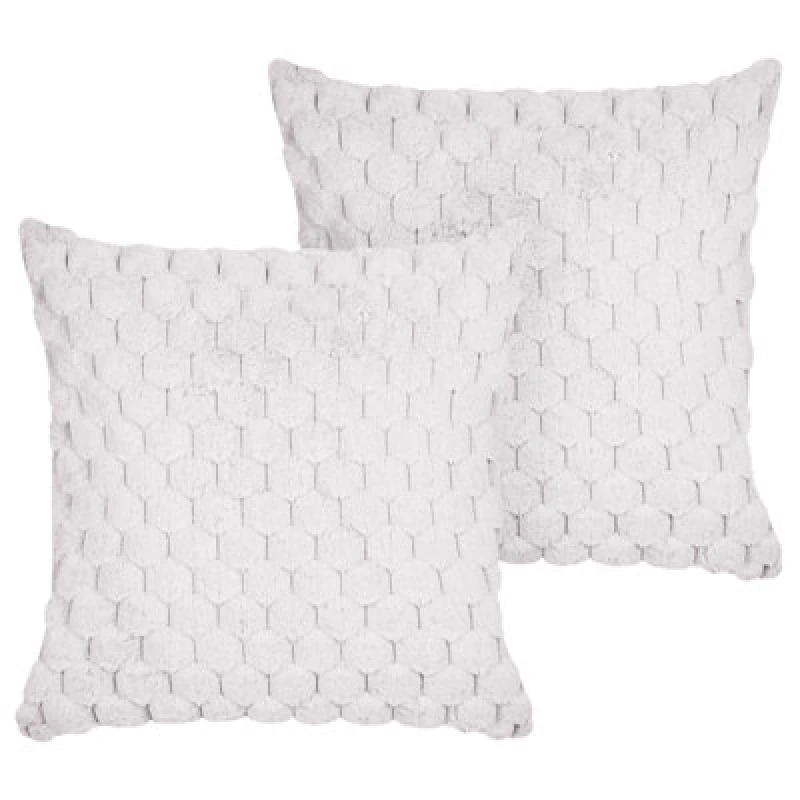 Image of Beliani Set Of 2 Decorative Cushions Purslane Faux Fur 43 X 43cm White Geometric Pattern