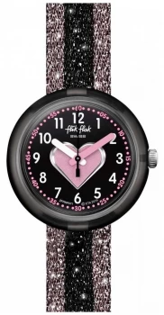 Image of Flik Flak CUORICINO Pink/Black Textile Strap Black Dial Watch