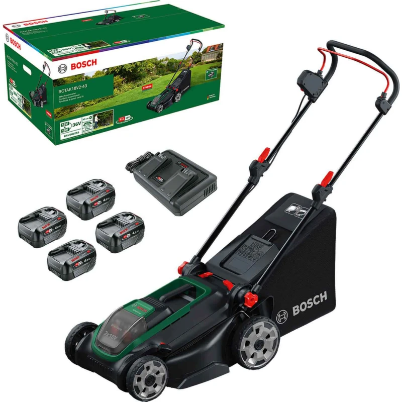 Image of Bosch ROTAK 18V2-43 P4A 36v Cordless Brushless Rotary Lawnmower 430mm 4 x 4ah Li-ion Twin or Dual Battery Charger ROTAK 18V2-43