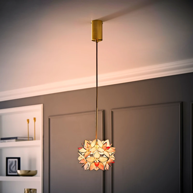 Image of ValueLights Reine Glass Flower Shade Brushed Gold Thread Ceiling Pendant Light with LED Bulb in Pale Pink Pale Pink Unisex