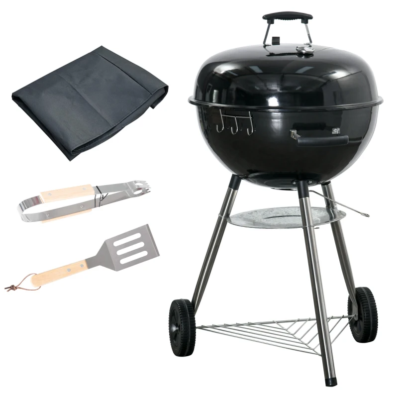 Image of Outsunny Portable Kettle Charcoal Grill BBQ Smoker With Cover - Lid - & Thermometer TJ Hughes 5063603028494
