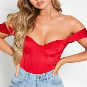Image of I Saw It First Stretch Satin Corset Detail Puff Sleeve Bodysuit - Red
