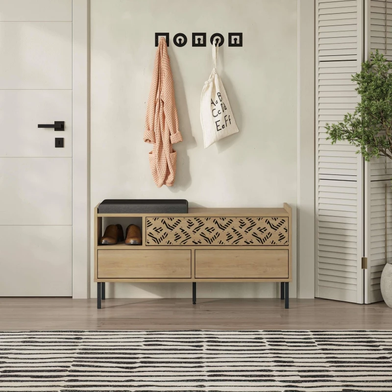 Image of Decortie Heaton' Modern Shoe Storage Bench with 3 Drop-Down Doors 111cm in Natural Size: 1 Pack Natural Unisex 1 Pack