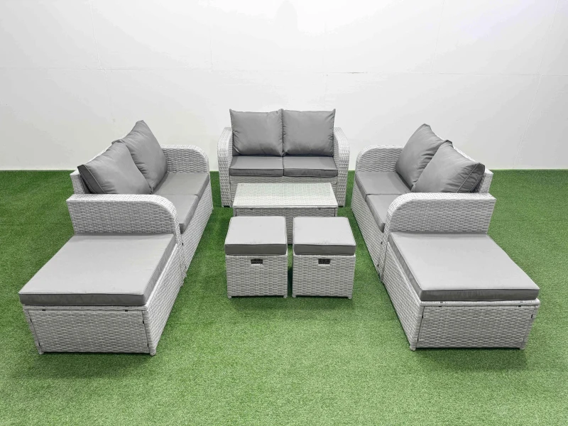 Image of Fimous 8 PCs Rectangular Coffee Table Set Reclining Chair Inclining Sofa in Light Grey Light Grey Unisex