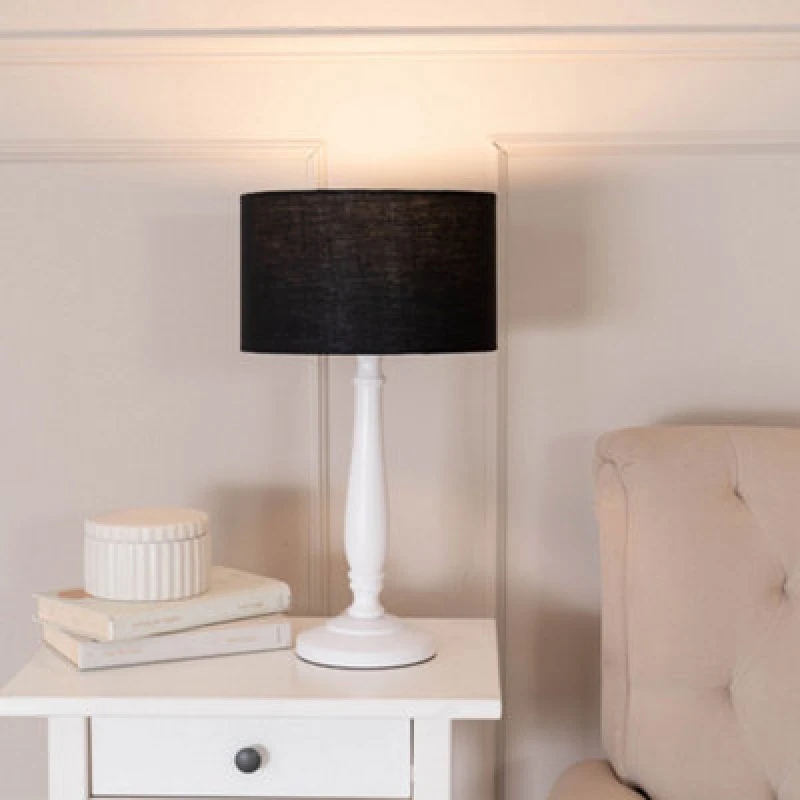Image of ValueLights Victoria White Wood Traditional Table Lamp with Fabric Drum Shade and LED Bulb Black