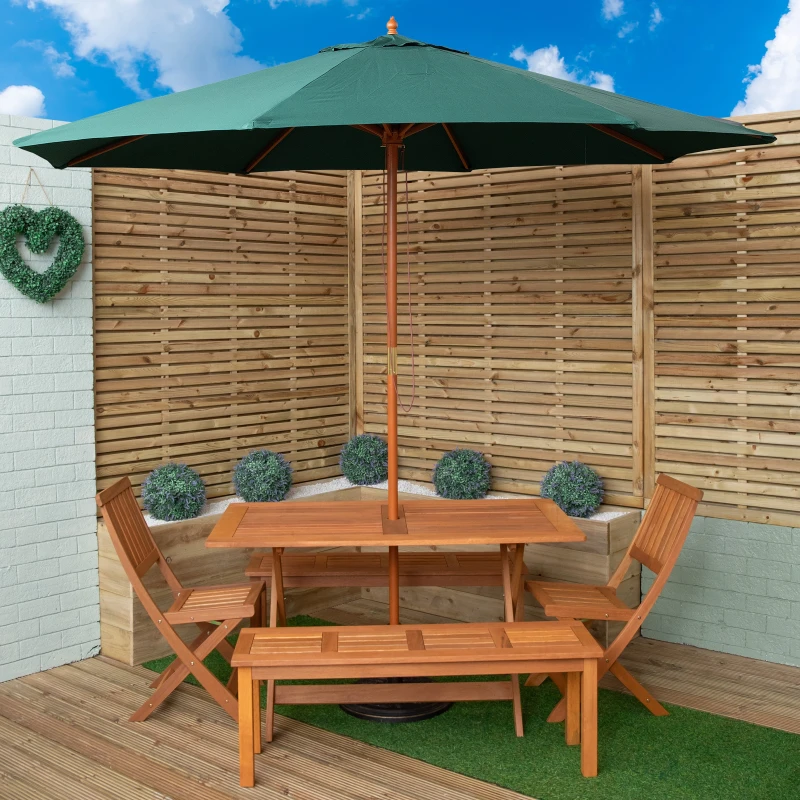 Image of Outdoor 6 Person Rectangular Wooden Garden Dining Table, 2 Benches, Chairs with Green Parasol and Base Set