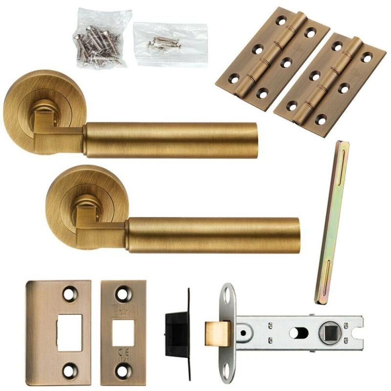 Image of Loops Door Handle & Latch Pack Antique Brass Straight Round Bar Srewless Round Rose Metallics