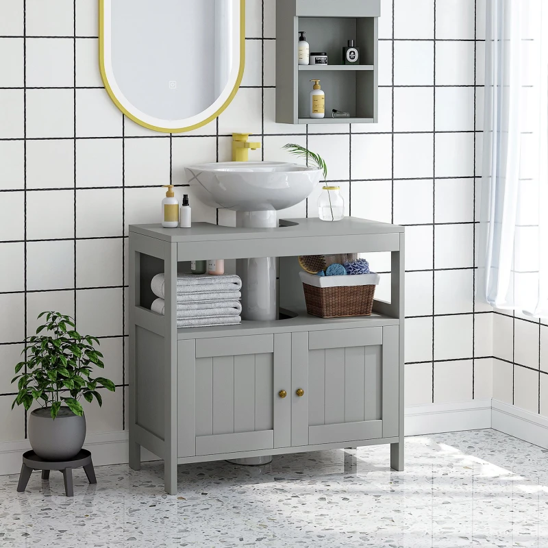 Image of Unbranded kleankin Bathroom Pedestal Under Sink Cabinet with Storage Shelves, Door, Grey