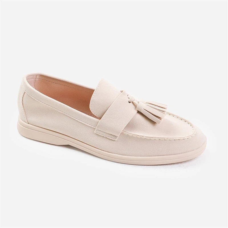 Image of Wheres That From Kenya Slip On Loafer With Tassel Detailing In Beig Beigesuede female 6