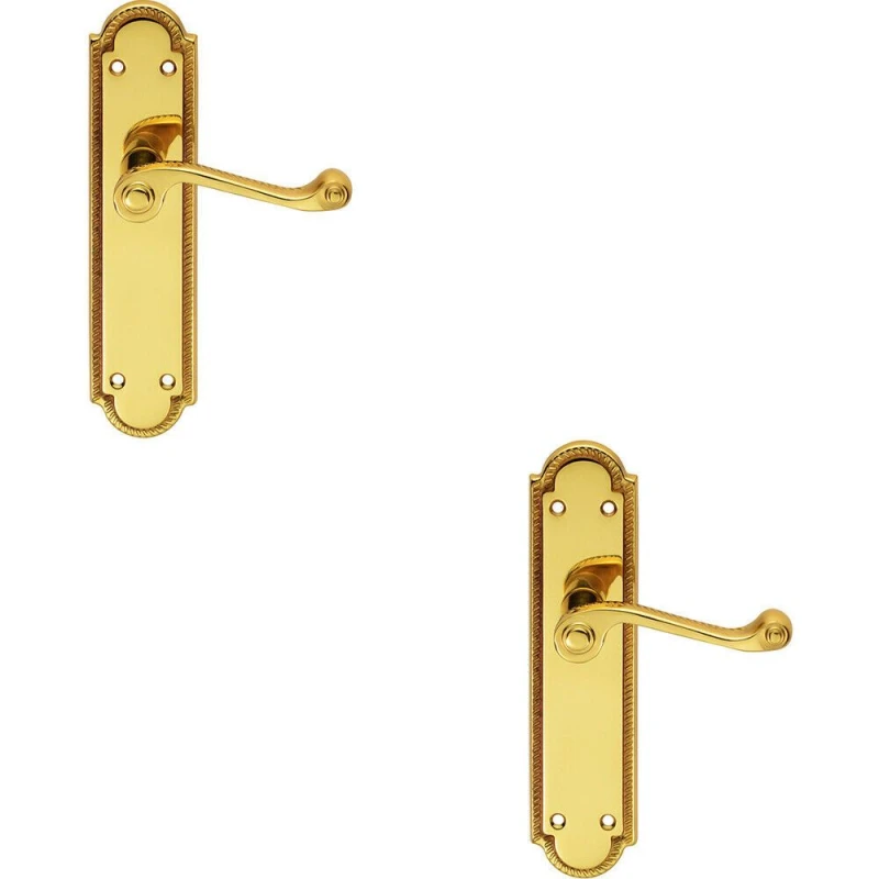 Image of Loops 2x PAIR Reeded Scroll Lever on Shaped Latch Backplate 205 x 49mm Polished Brass Metallics