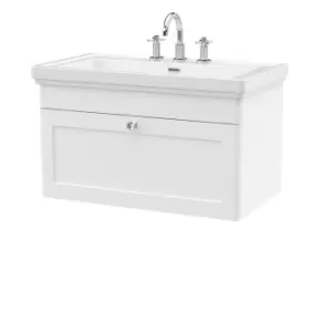 image of Nuie Classique 800mm Wall Hung 1-drawer Unit & Basin 3 Tap Holes - Satin White