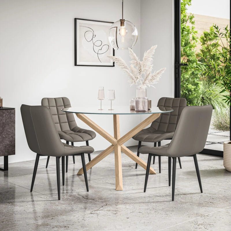 Image of More4Homes Malvern Round Dining Table & Chairs - Clear Glass Table Top w Solid Oak Legs + Nova Faux Leather Dining Chair Set Of 4 in Grey Grey Unisex