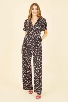 image of Black Floral Angel Sleeve Jumpsuit