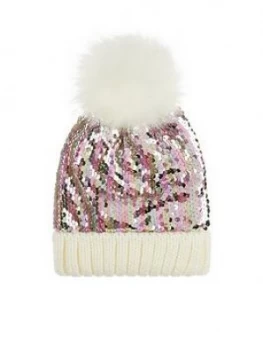 image of Monsoon Girls Rainbow Pippa Sequin Pom Beanie Hat - Multi