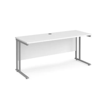 image of Office Desk 1600mm Rectangular Desk With Cantilever Leg White Tops With Silver Frames 600mm Depth Maestro 25