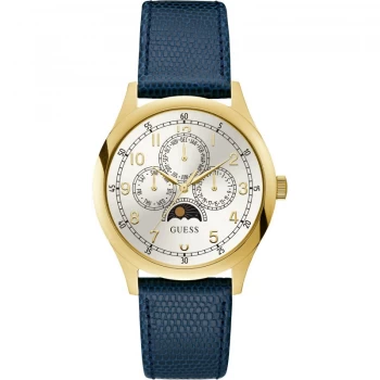 Image of GUESS Gents gold watch with moon dial & blue leather strap