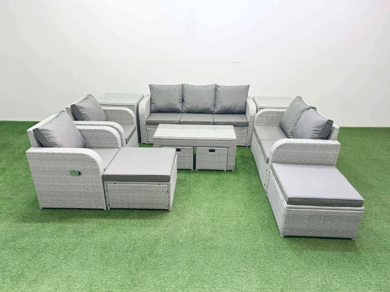 Image of Fimous Pe Wicker Rattan Furniture Sets With Oblong Coffee Table Love Sofa Reclining Chair 3 Seater Sofa 4 Stools 2 Side Tables