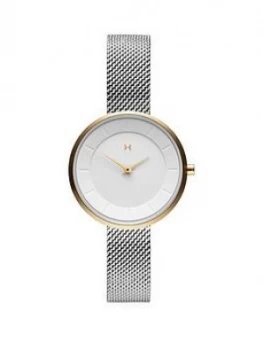 Image of MVMT Mod White and Gold Detail 28mm Dial Stainless Steel Mesh Strap Ladies Watch, One Colour, Women