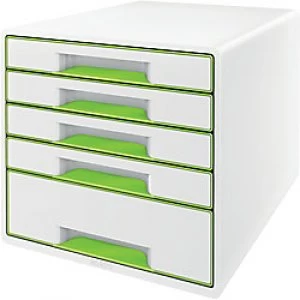 image of Leitz WOW Cube Desk Drawer Filing Unit Dual Colour 5 Drawers A4 White, Green 28.7 x 27 x 36.3 cm