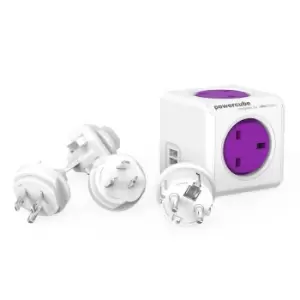 image of Allocacoc PowerCube ReWirable USB 4 Socket + 2 USB Wall Socket Travel Plug Adapter- Purple