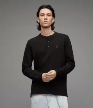 Image of AllSaints Mens Hayes Long Sleeve Henley, Jet Black, Size: L
