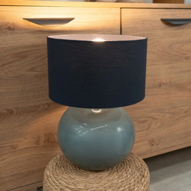Image of ValueLights Bosco Eucalyptus Teal Globe Ceramic Table Lamp with Fabric Lamp Shade Navy