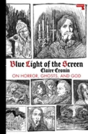 Image of blue light of the screen on horror ghosts and god