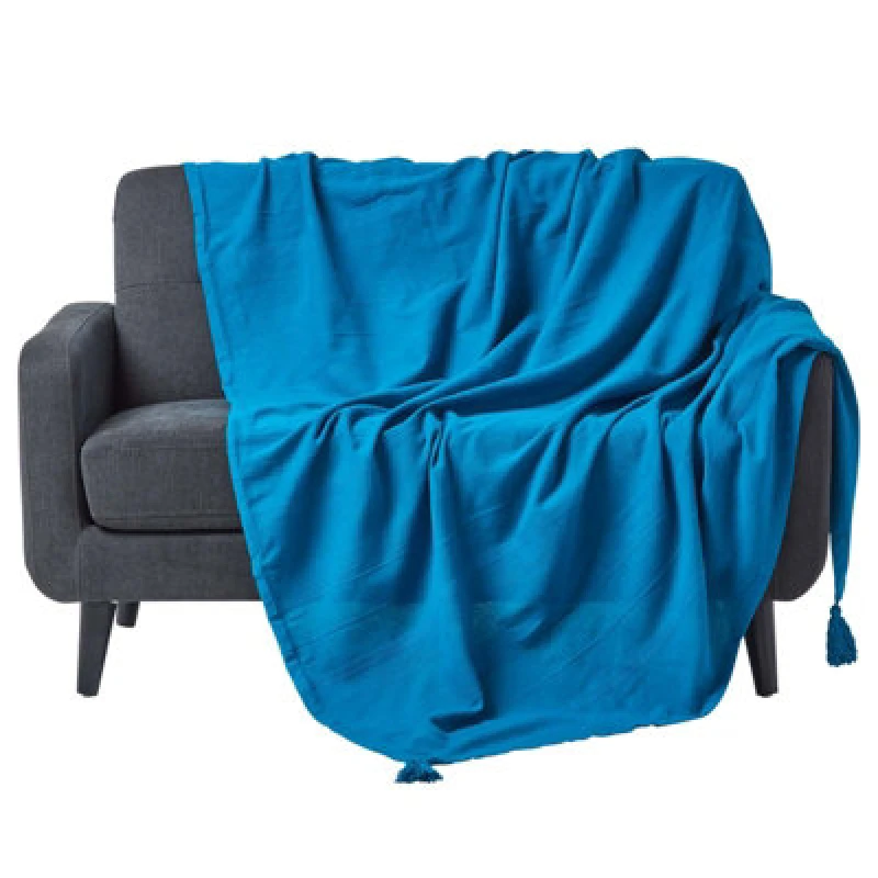 Image of Homescapes Cotton Rajput Ribbed Teal Throw, 255 X 360 Cm