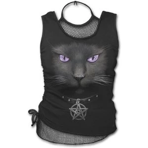Image of Black Cat - 2In1 Neck Tie Womens X-Large Mesh Top - Black