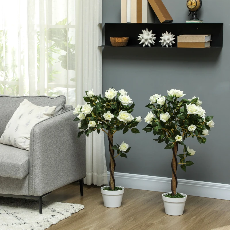 Image of Outsunny Set of 2 90cm Artificial Rose Tree - Fake Decorative Plant - White TJ Hughes Yellow 5061025073634