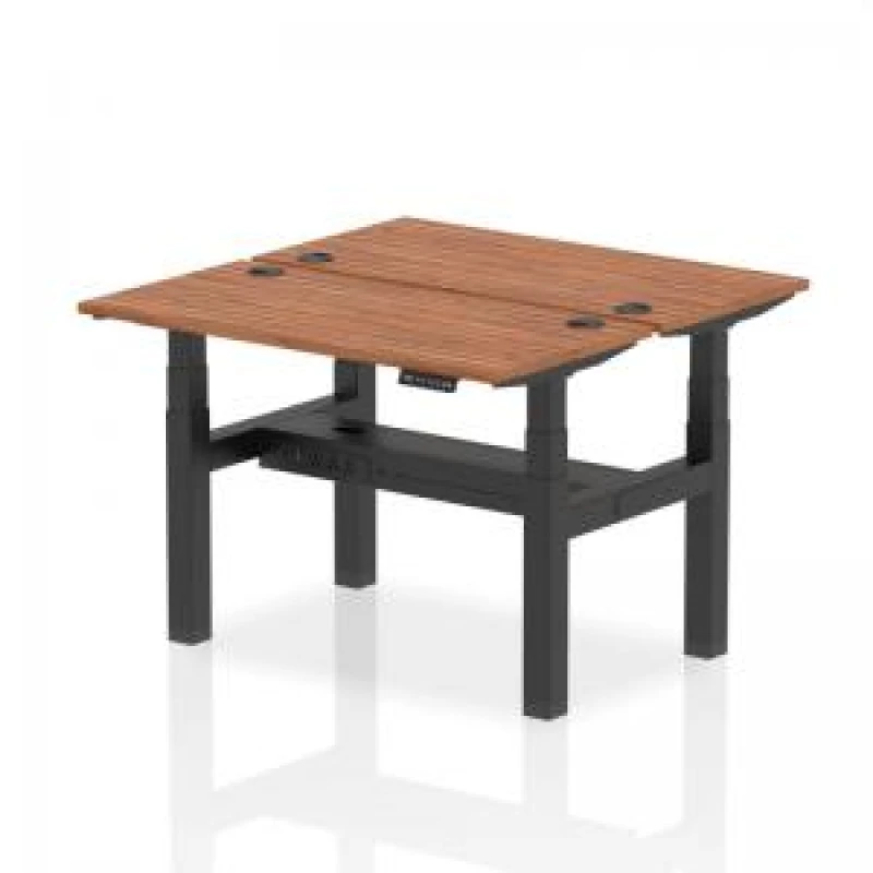 Image of AIR Dynamic Air Back-to-Back W1200 x D600mm Height Adjustable Sit Stand 2 Person Bench Desk With Cable Ports Walnut Finish Black Frame - HA01554 HA015