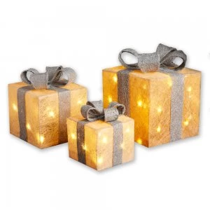 image of Premier Decorations Premier LED 3 Piece Glitter Parcels Mains Powered - Gold/Silver