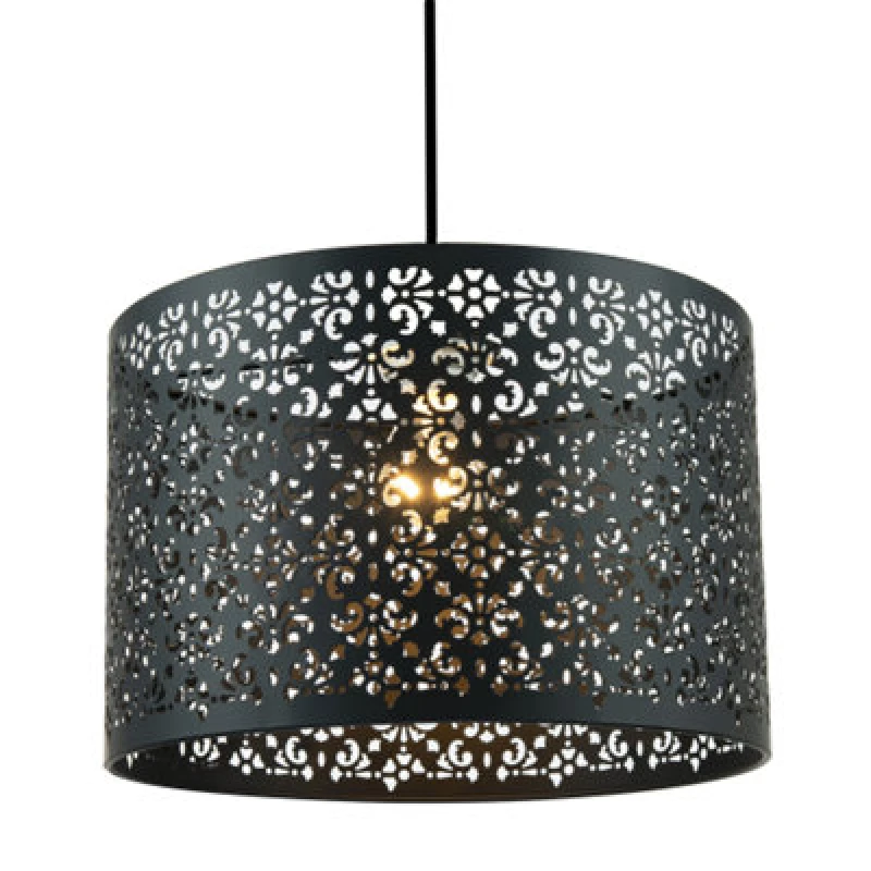Image of Happy Homewares Moroccan Designed Matte Black Metal Pendant Light Shade With Floral Decoration