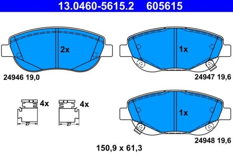Image of ATE 13.0460-5615.2 Brake pad set with acoustic wear warning, with accessories Brake Pad Set,disc brake (402)