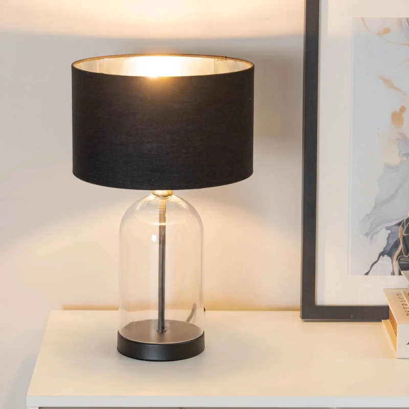Image of ValueLights ValueLights Jessy Glass with Black Trim Table Lamp with Black with Chrome Inner Shade & Bulb Black One Size Unisex 5059406060984
