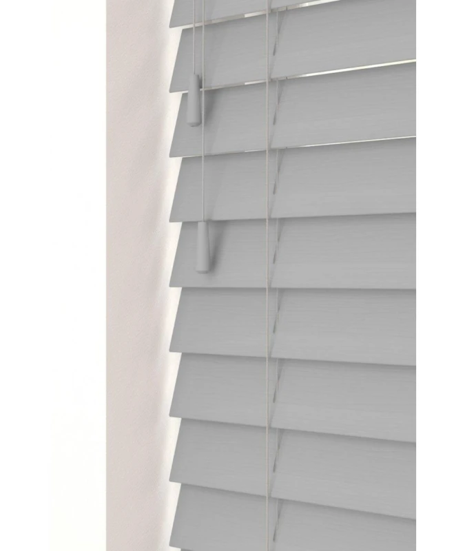 Image of New Edge Blinds Dove Grey 50mm Fine Grain Slatted Faux Wood Venetian Blinds with Strings 120cm Drop in Light Grey Size: 70cm width x 130cm drop Li