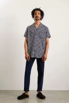 Image of Mens Dark Blue Eco Viscose Diamond Tile Print Revere Shirt