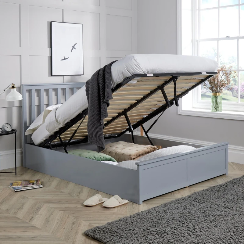 Image of Home Source Florida Wooden Ottoman Storage Bed Frame Wood Bedstead Grey