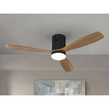 image of Schuller Lighting - Schuller Siroco 6 Speed Ultra Quiet Ceiling Fan Matt Black, Walnut Wood Blades with LED Light, Remote Control, Timer & Reversible