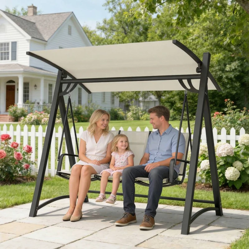 Image of OUTSUNNY 3 Seater Swing Chair, Garden Swing Bench with Adjustable Canopy in Cream Cream Unisex