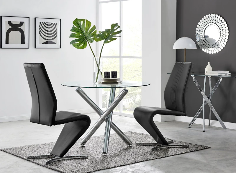 Image of FurnitureboxUK FurnitureboxUK Selina Round Glass And Chrome Metal Dining Table And Luxury Willow Chairs Set in Black Size: 2 Person Black 2 Person U