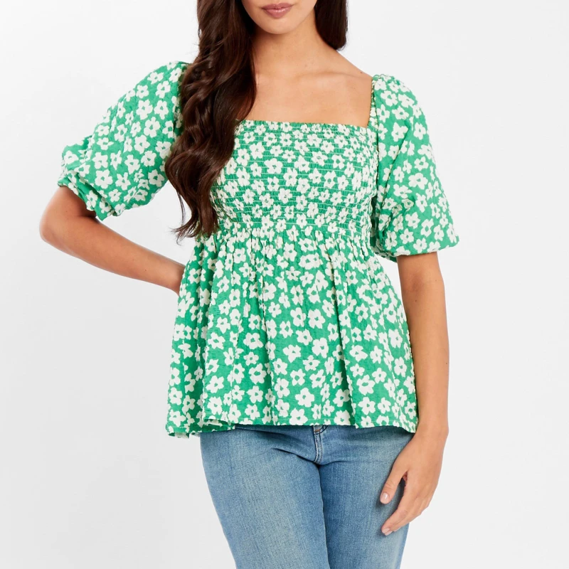 Image of Be You Square Neck Puff Slv Top - Green Green 8