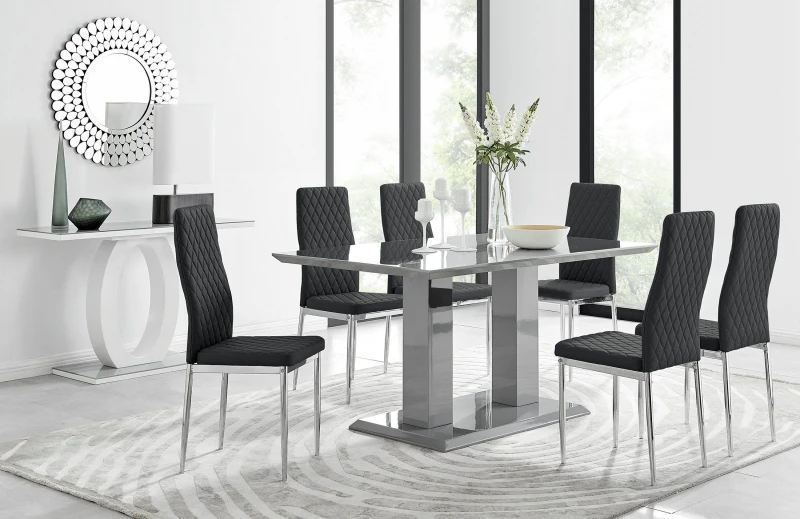 Image of FurnitureboxUK FurnitureboxUK Imperia Grey Modern High Gloss Dining Table And 6 Milan Dining Chairs Set in Black One Size Unisex 5056542638206