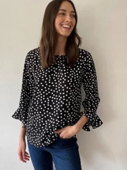 Image of Wallis Spot Frill Sleeve Blouse - Black, Size 8, Women